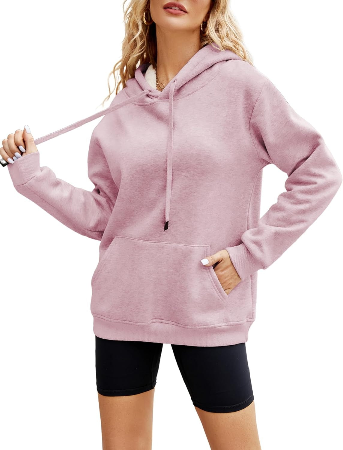 Women’s Cozy Sherpa Lined Hoodie Sweatshirt – Adjustable Drawstring Hood, Kangaroo Pocket, Long Sleeves for Fall & Winter Comfort