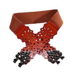 Women First Layer Leather Hollow Belts Elastic Stretchable Metal Button Waistband