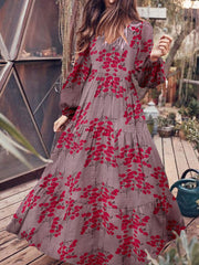 Puff Sleeve V-Neck Floral Loose Casual Dress For Women