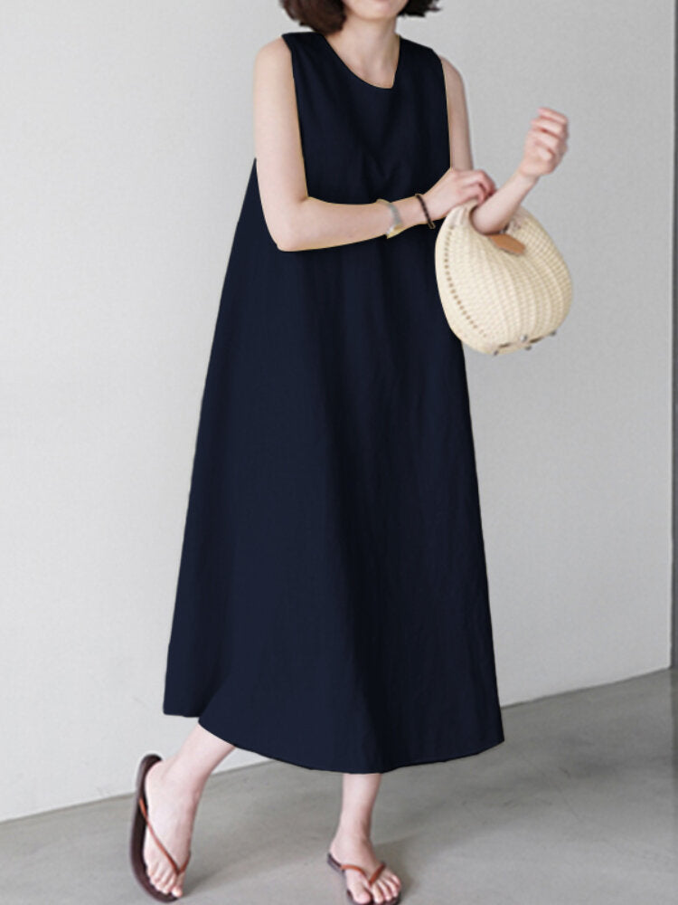 Women Solid Color Sleeveless O-Neck Casual Elegant Dress With Pockets