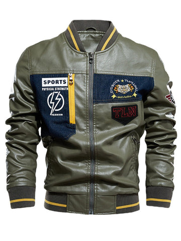 Mens Graphics Embroidery Baseball Collar PU Leather Jacket
