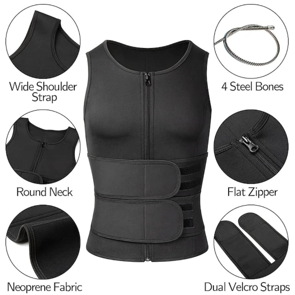 Men Neoprene Sauna Zipper Waist Trainer Vest Tank Top Trimmer Body Shaper with Two Belt Sauna Suit Sweat Vest Slimming Underwear Weight Loss Shirt Fat Burner Tank Tops Shapewear