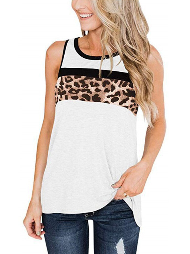 Women Sleeveless Leopard Print O-neck Casual Tank Tops