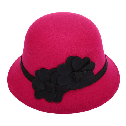 Women Artificial Wool Dome Short Brim Flower Decoration Felt Hat Bucket Hat Casual Autumn Winter Warm Top Hat