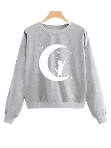 Women Casual Cat And Moon Printed Long Sleeve Hoodies Sweatshirt