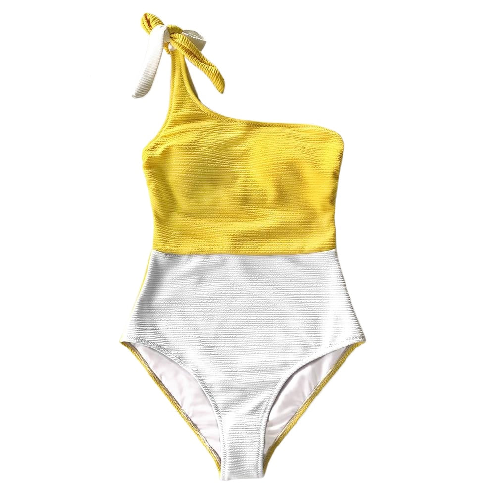 Women Swimsuit Tied Bow Beach Bathing Green and White Colorblock