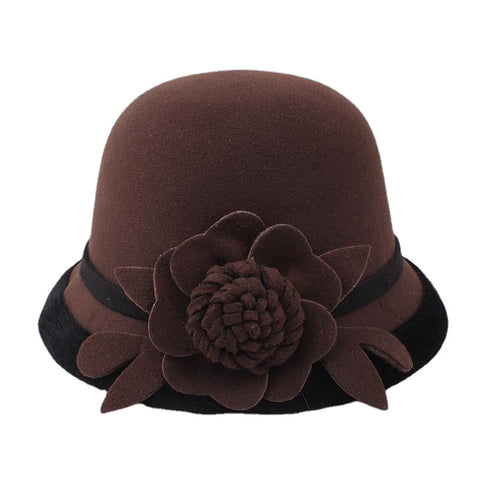 Women Warm Woolen Bowler Hat Flower Ethnic Bucket Hat