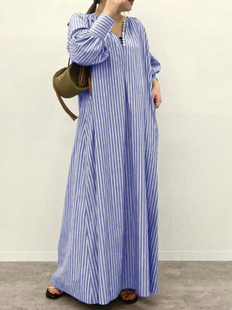 Stripe Print Button V-neck Long Sleeve Loose Shirt Dress