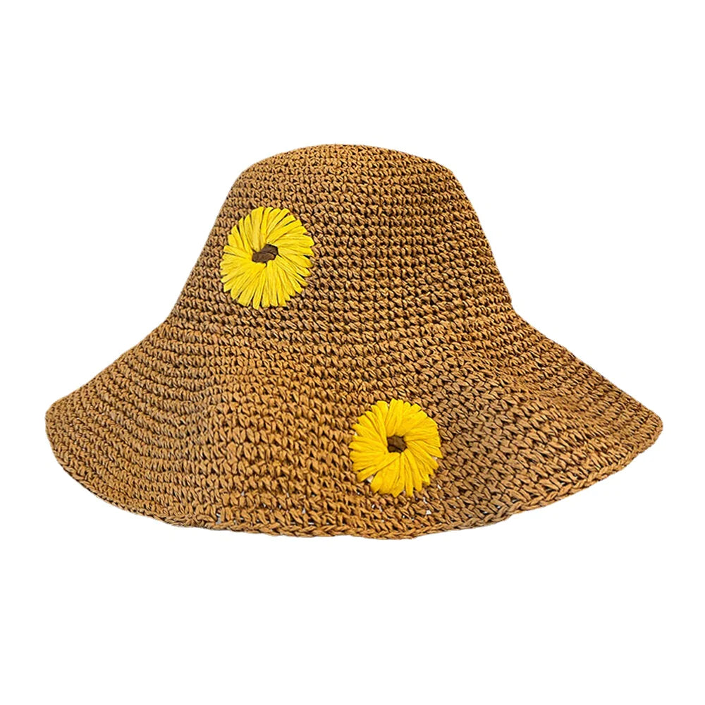 Women Straw Floral Solid Color Elegant Sunflower Big Brim Visor Sun Protection Hat Beach Hat Bucket Hat