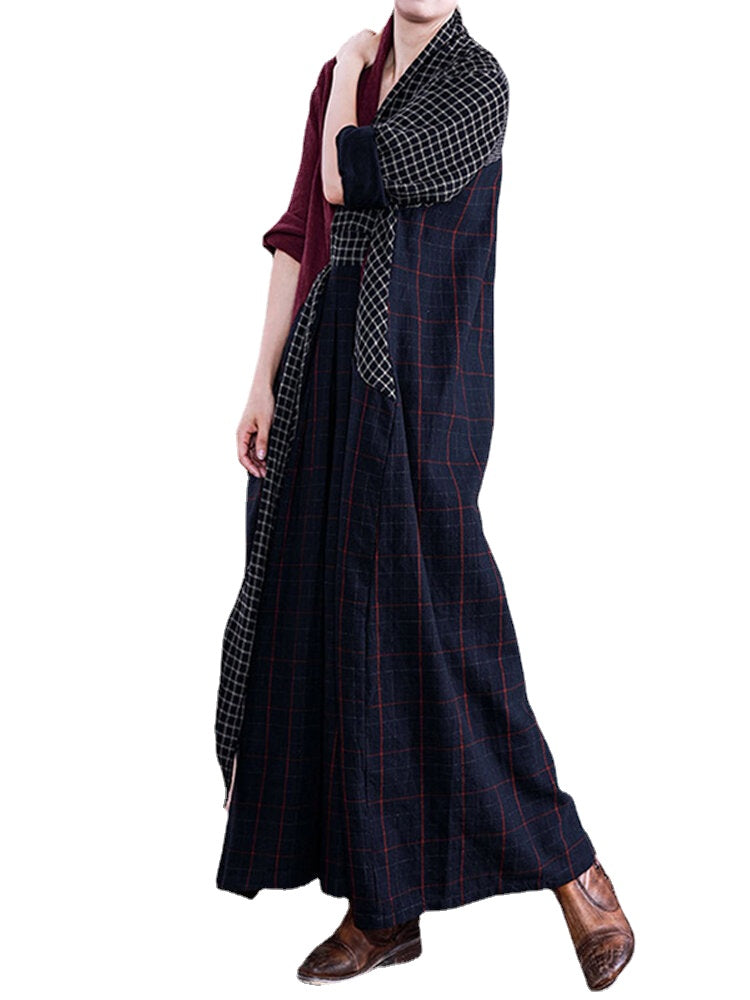 Women Long Sleeve V-neck Loose Plaid Patchwork Maxi Dress