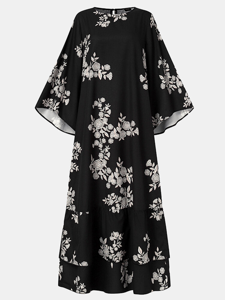 Floral Print Patchwork Crew Neck Button Back Long Sleeve Casual Maxi Dress