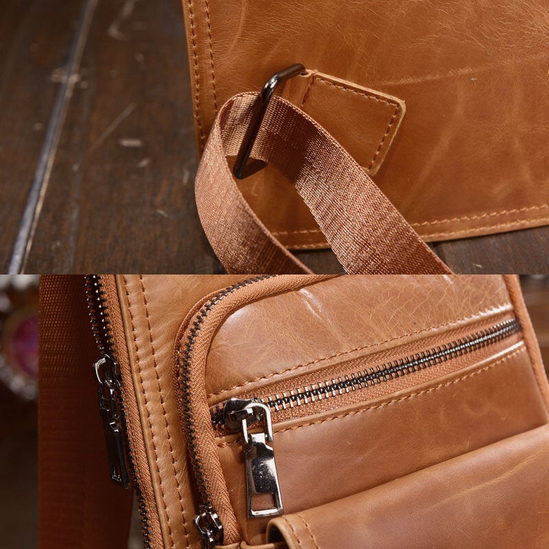 Men Genuine Leather Retro Multifunction Earphone Hole Crossbody Bag Chest Sling