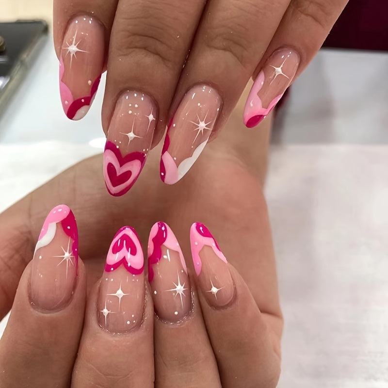 4 Packs Glossy Almond Press On Nails, French Tip with Pink Heart Sequin, 96 Pcs Fake Nails Set with Adhesive Tabs and Nail File