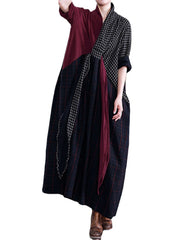 Women Long Sleeve V-neck Loose Plaid Patchwork Maxi Dress