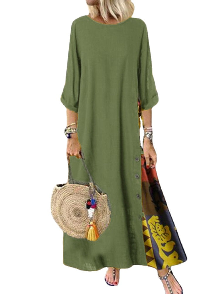 Ethnic Print Patchwork Buttons 3/4 Sleeve Vintage Maxi Dress