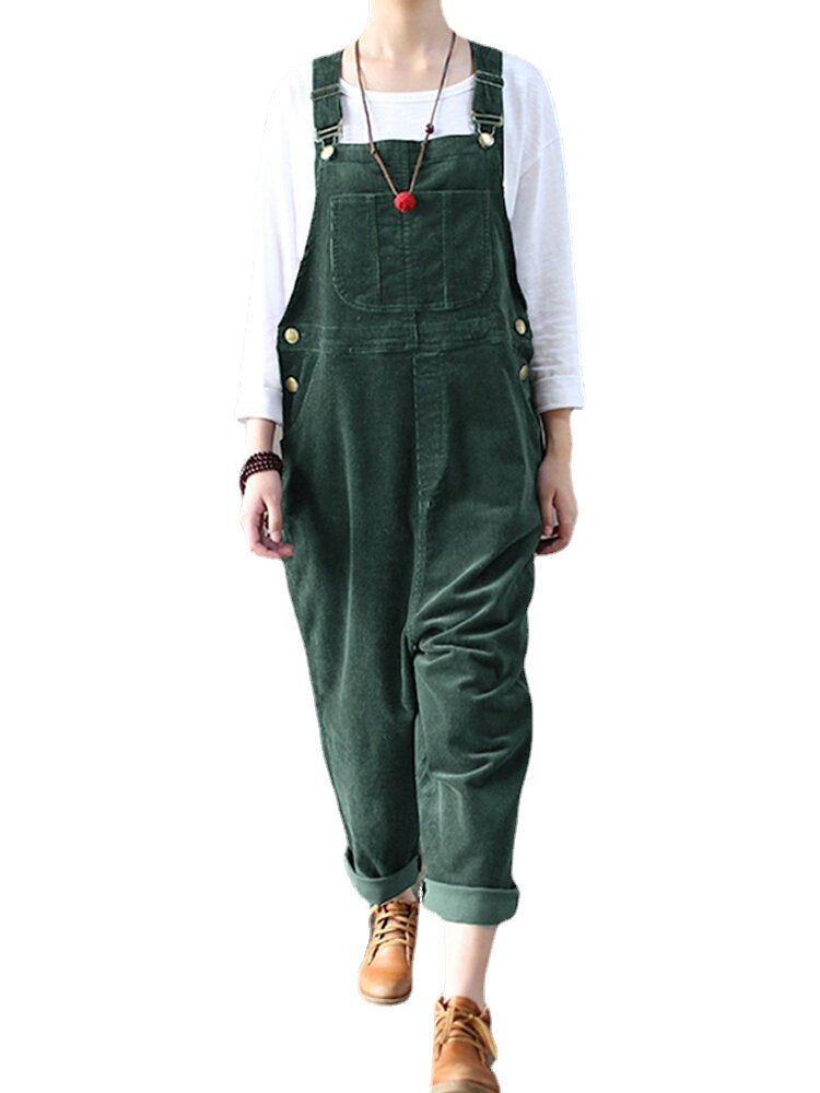 Corduroy Sleeveless Loose Button Causal Side Pocket Jumpsuit For Women