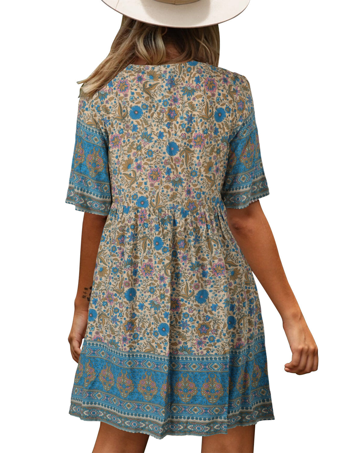 Bohemian Floral Print V-neck Short Sleeve Mini Dress