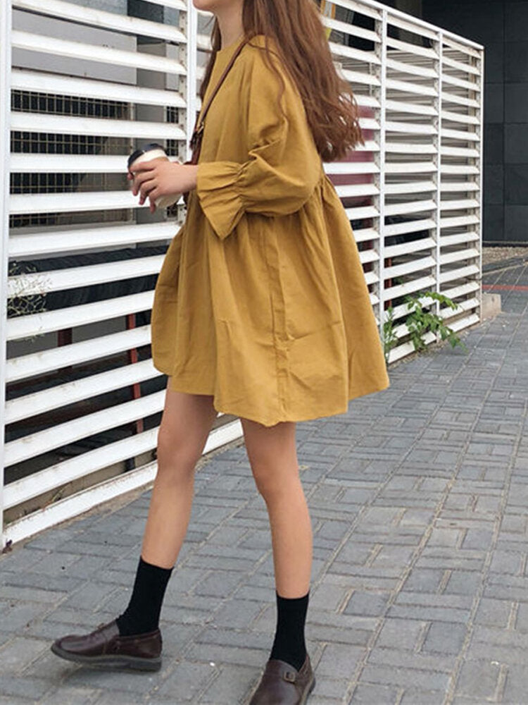Women Solid Round Neck Long Sleeve Yellow Pleated Mini Dress