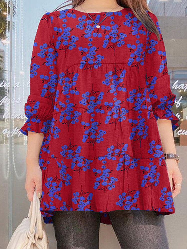 Women Floral Puff Sleeve Spliced Buttons Pleated O-Neck Casual Blouses