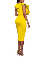 Yellow V-neck Irregular Hem Crossed Front Design Ruffle Midi Dress