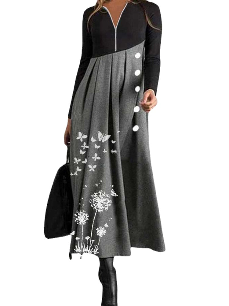 Women Contrast Patchwork Butterfly Print V-Neck Zip Long Sleeve Casual Maxi Dresses