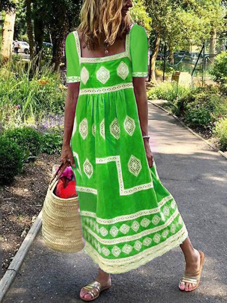 Women Ethnic Print Square Collar Short Sleeve Bohemian Maxi Dress