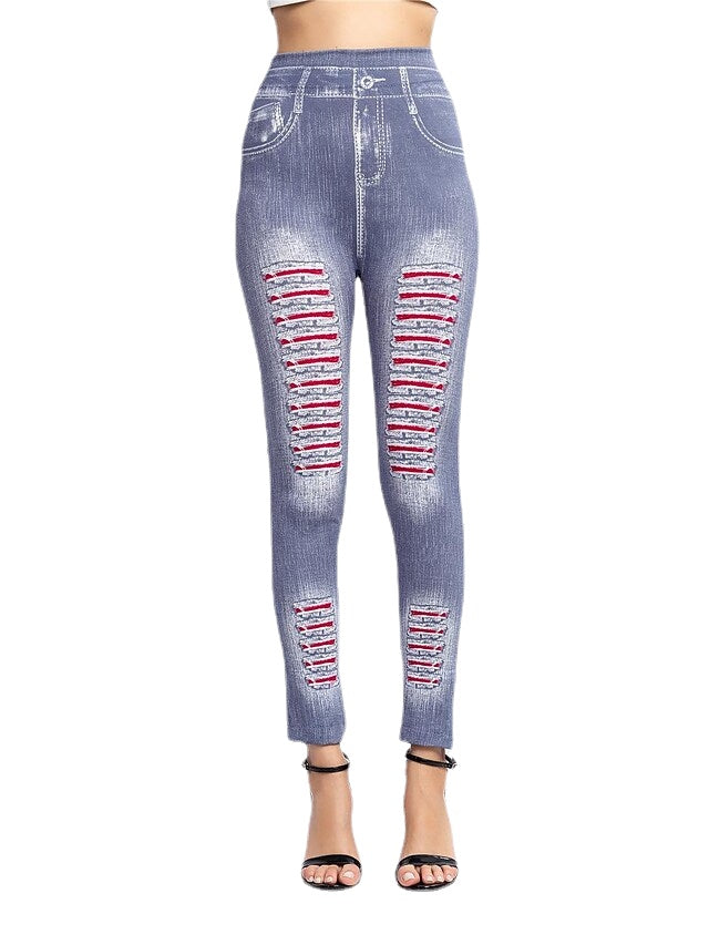Women's Casual Print Elasticity Stripe Denim Pants