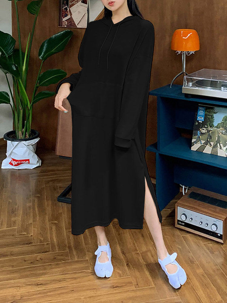 Women Puff Sleeve Sweatshirt Calf Length Front Pocket Side Fork Midi Dress