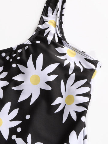 Women Daisy Floral Print Backless One Piece Black Swimwear