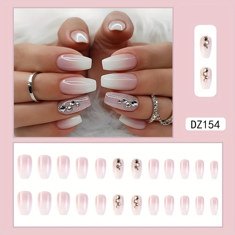 Glossy Pink Gradient Press On Nails with Rhinestones - 24pcs Medium Coffin Fake Nails