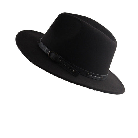 Unisex British Style Leather Belt Buckle Flat Brim Top Hat Fashion Outdoor Wide Brim Felt Hat