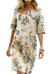 Women Vintage Cotton Floral Plant Print O-neck Half Sleeve Split Casual Dress