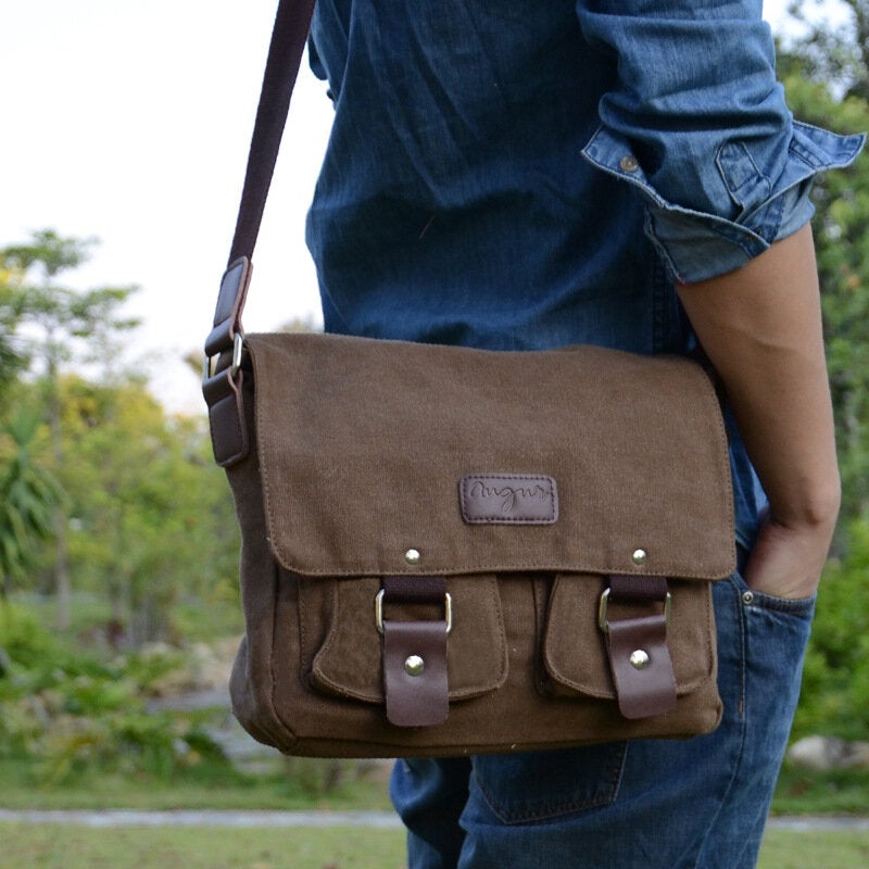 Men Genuine Leather And Canvas Retro Travel Outdoor Multi-pocket Carrying Bag Crossbody