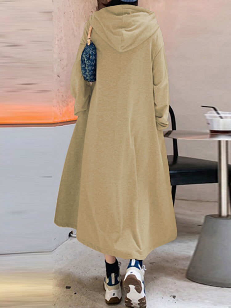 Women Solid Color Irregular Hem Casual Hooded Sweatshirt Maxi Dresses With Side Pocket