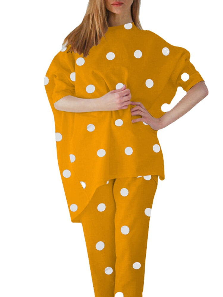 Polka Dot Irregular Hem Elastic Waist Casual Suit