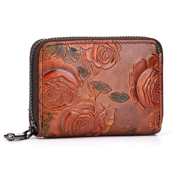 Women Vintage Casual Floral Genuine Leather Card Holder Coin Purse Wallet