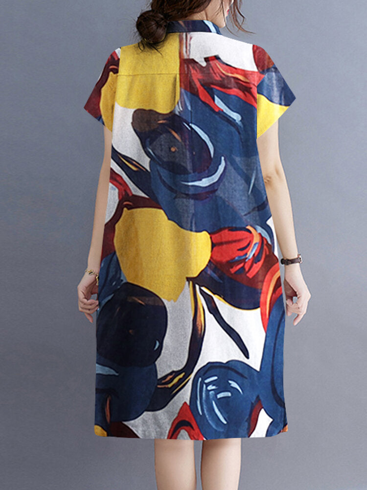 Flower Abstract Painted Print Button Pocket Lapel Midi Dress