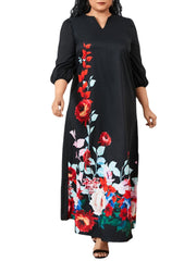 Women Floral Print V-Neck 3/4 Sleeve Casual Maxi Dress