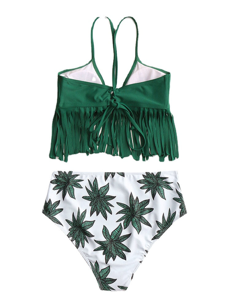 Women Tropical Plant Leaves Print Tassel Trim High Waist Bikini Bandage Hawaii Casual Swimwear