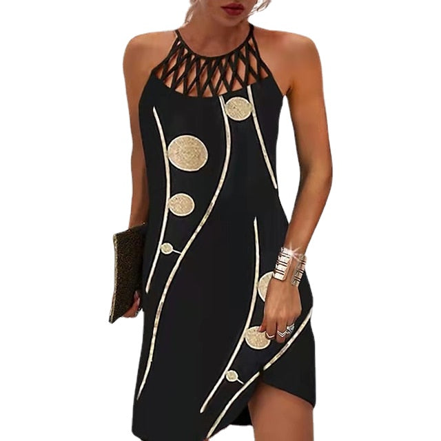 Women's Casual Dress Halter Neck Dress Midi Dress Leopard Black Wine Sleeveless Geometric Cut Out Summer Spring Halter Fashion Vacation Print Dresses