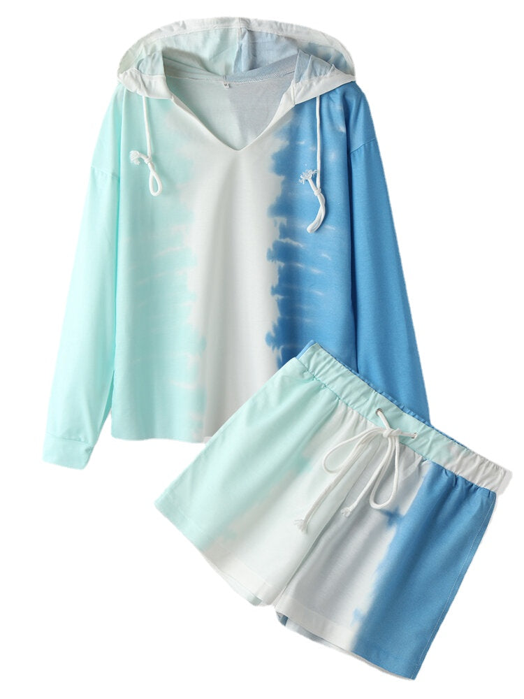 Women Design Tie Dye Hooded Long Sleeve Drawstring Simple Home Pajama Set