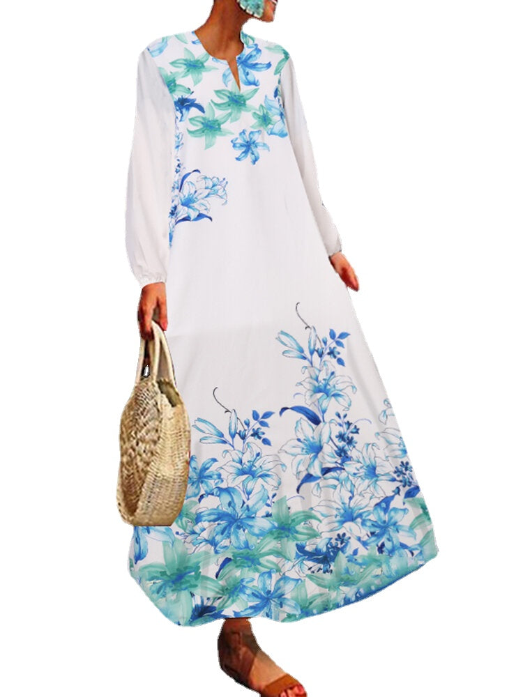 Casual Travel All Seaon Full Sleeve Floral V-Neck Dresses