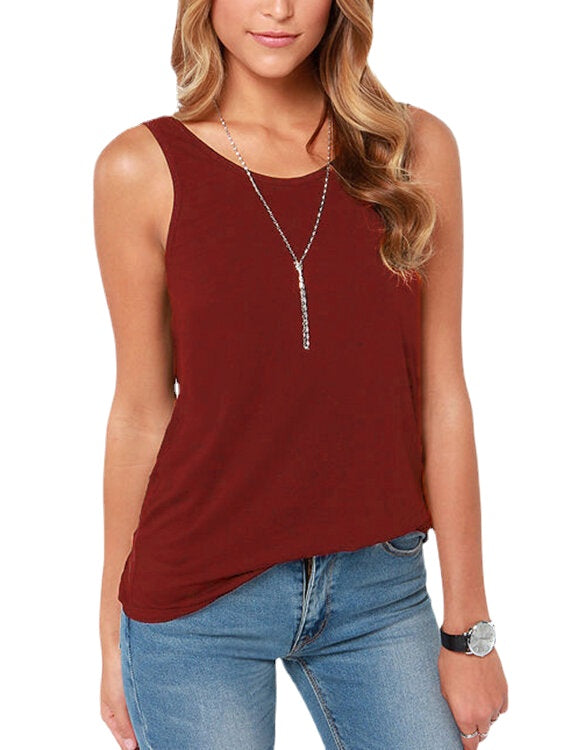 Backless Round Neck Sleeveless Solid Color Tank Tops