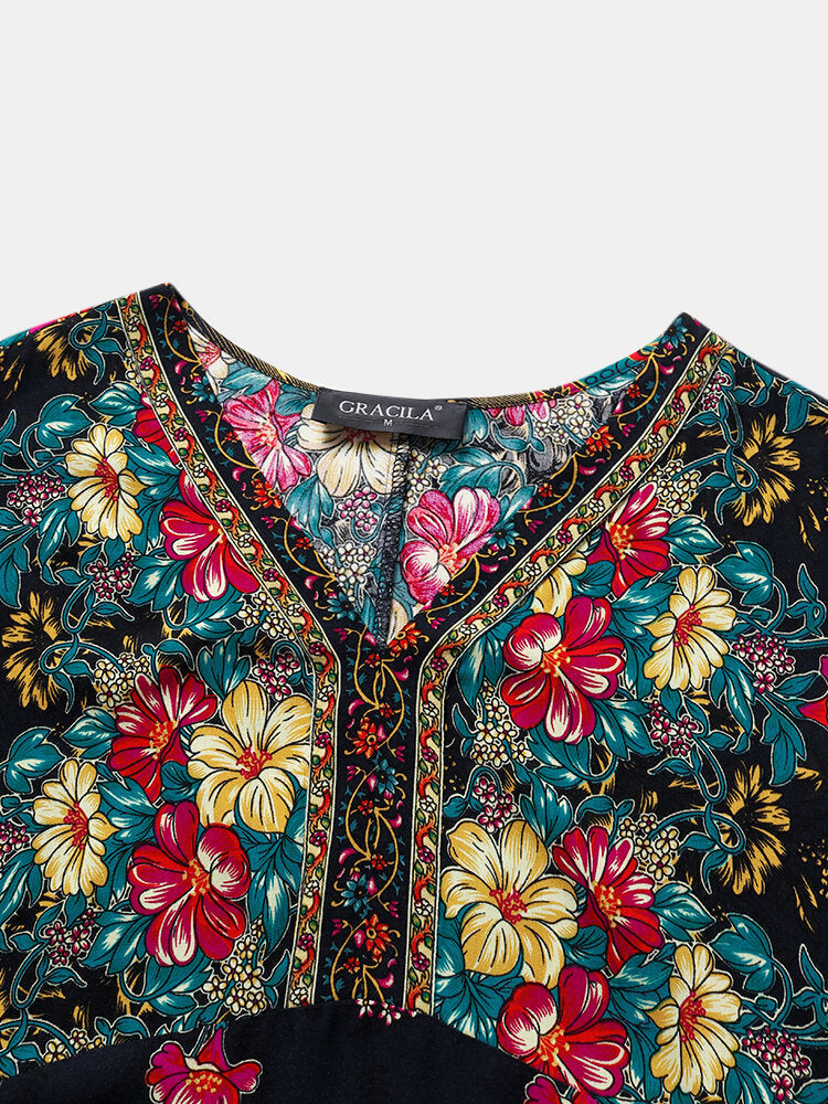 Bohemian Ethnic Floral Print V-neck Pocket Half Sleeve Casual Dress For Women