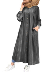 Women Casual Stripe Print Button Long Sleeve Side Pocket Shirt Maxi Dress