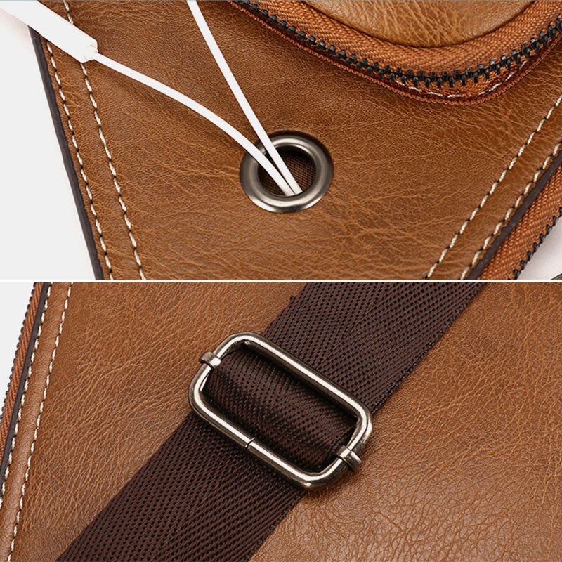 Men Retro PU Leather Headphone Hole Design Chest Bag Multi-pocket Waterproof Zipper Crossbody Shoulder