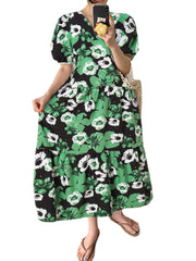 Bohemian Puff Sleeve Floral Splicing V-Neck Leisure Maxi Loose Dress For Women