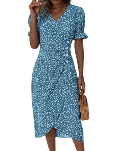 Women's Casual Dress Wrap Dress Floral Dress Floral Button Print V Neck Midi Dress Fashion Classic Daily Holiday Short Sleeve Regular Fit Black Yellow Pink Summer Spring