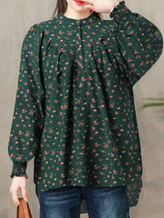 Ditsy Floral Print Button Shirred Long Sleeve Blouse