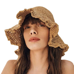 Women Fungus Edge Back Opening Bowknot Straw Hat Summer Sun Protection Bucket Hat
